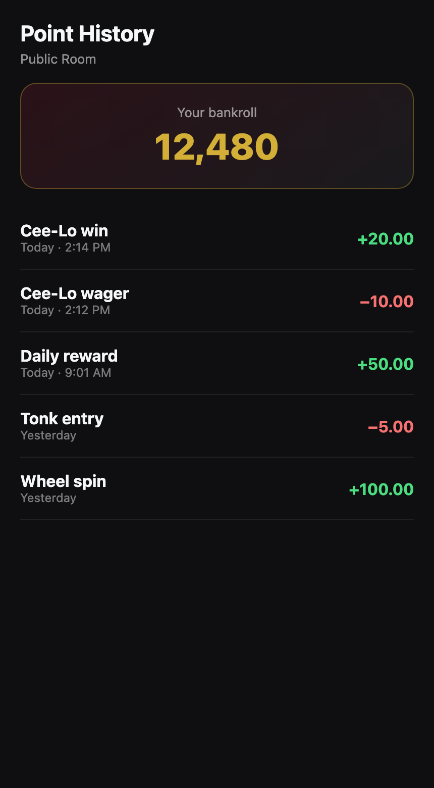 Club Games Chip bankroll screen