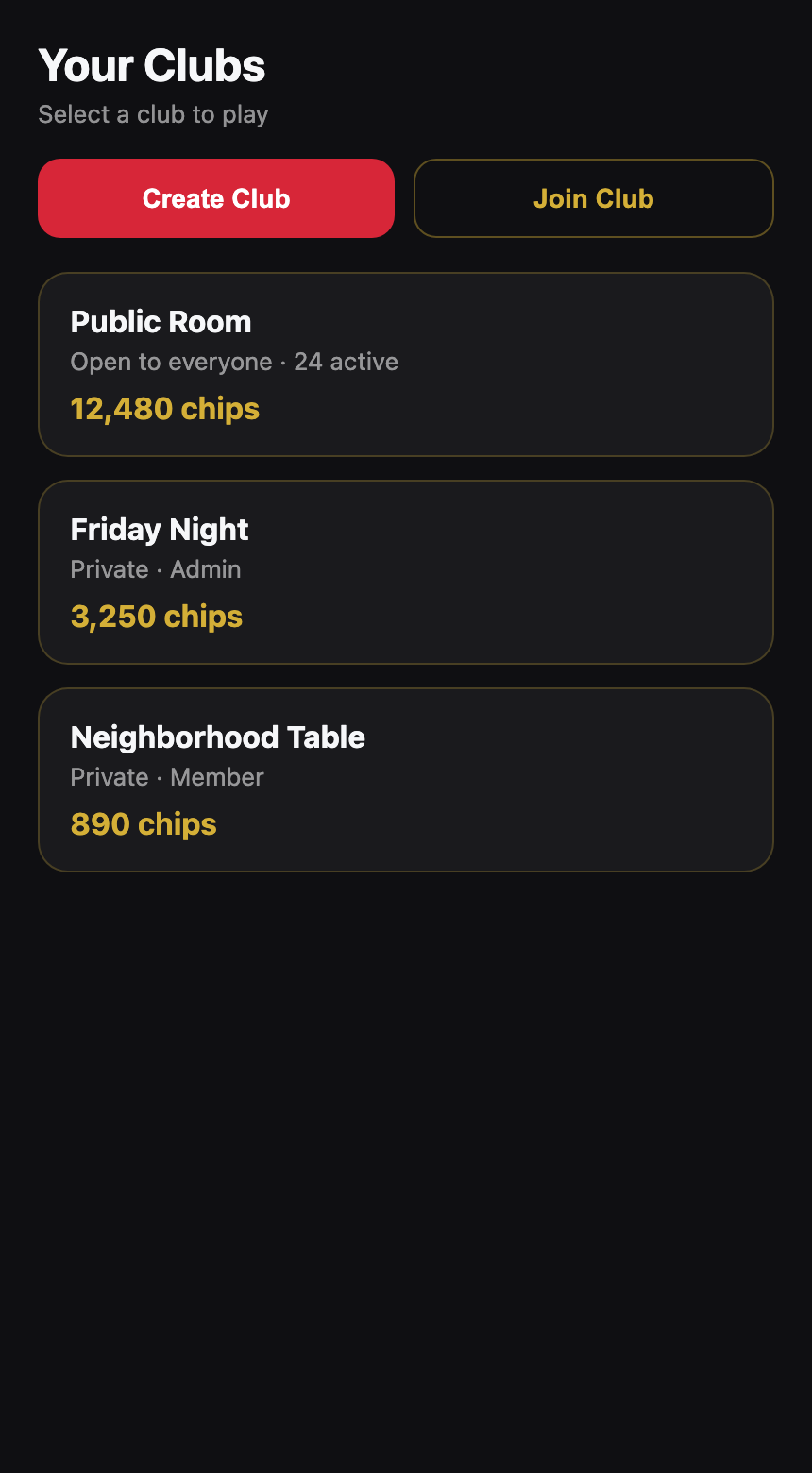 Club Games Your clubs screen