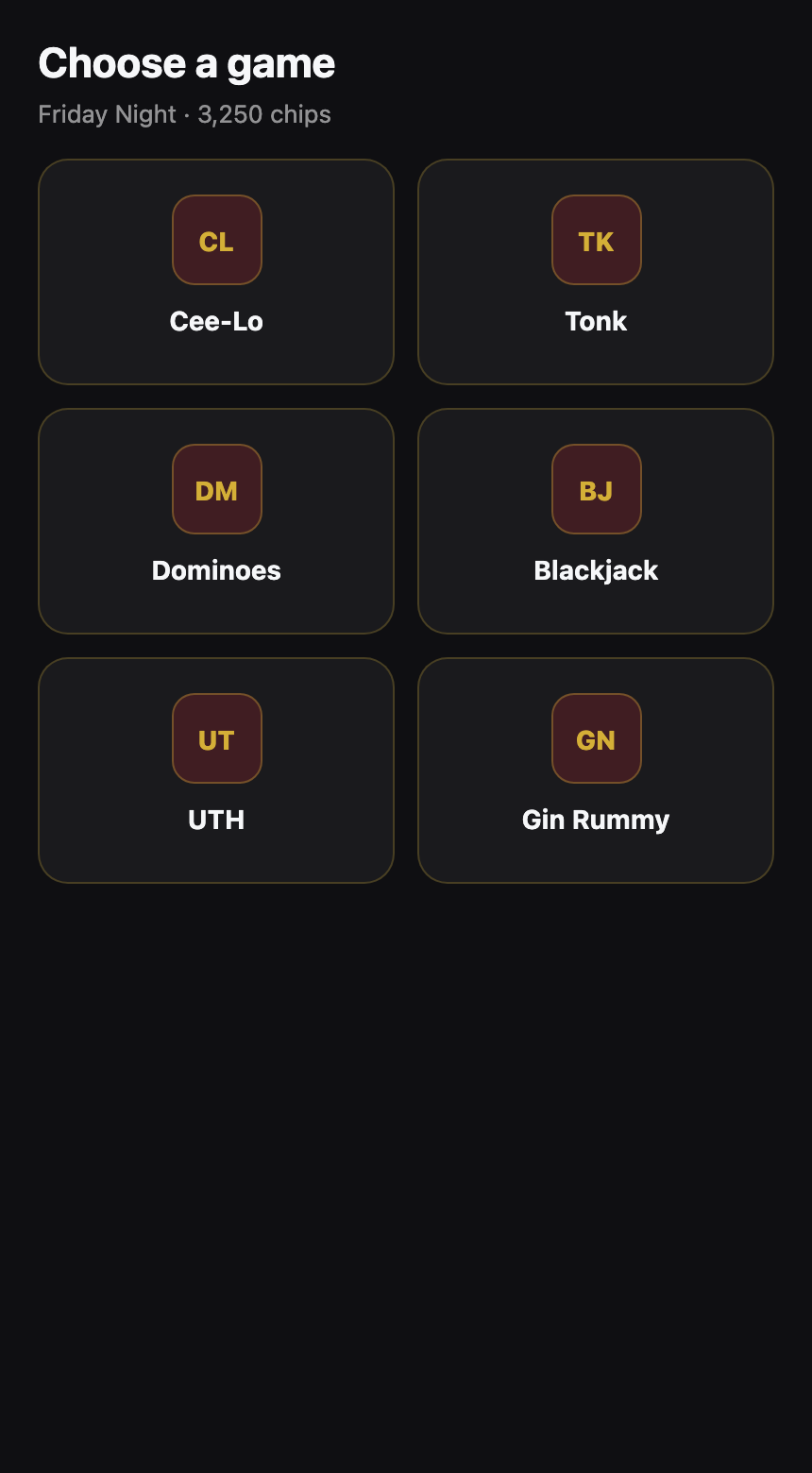 Club Games Choose a game screen