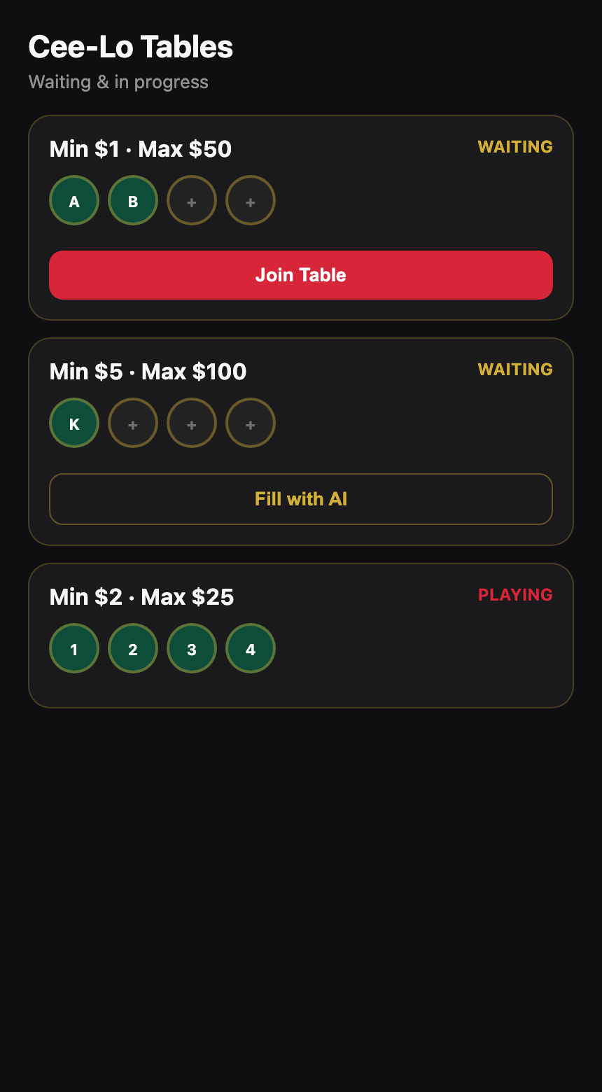 Club Games Game lobby screen