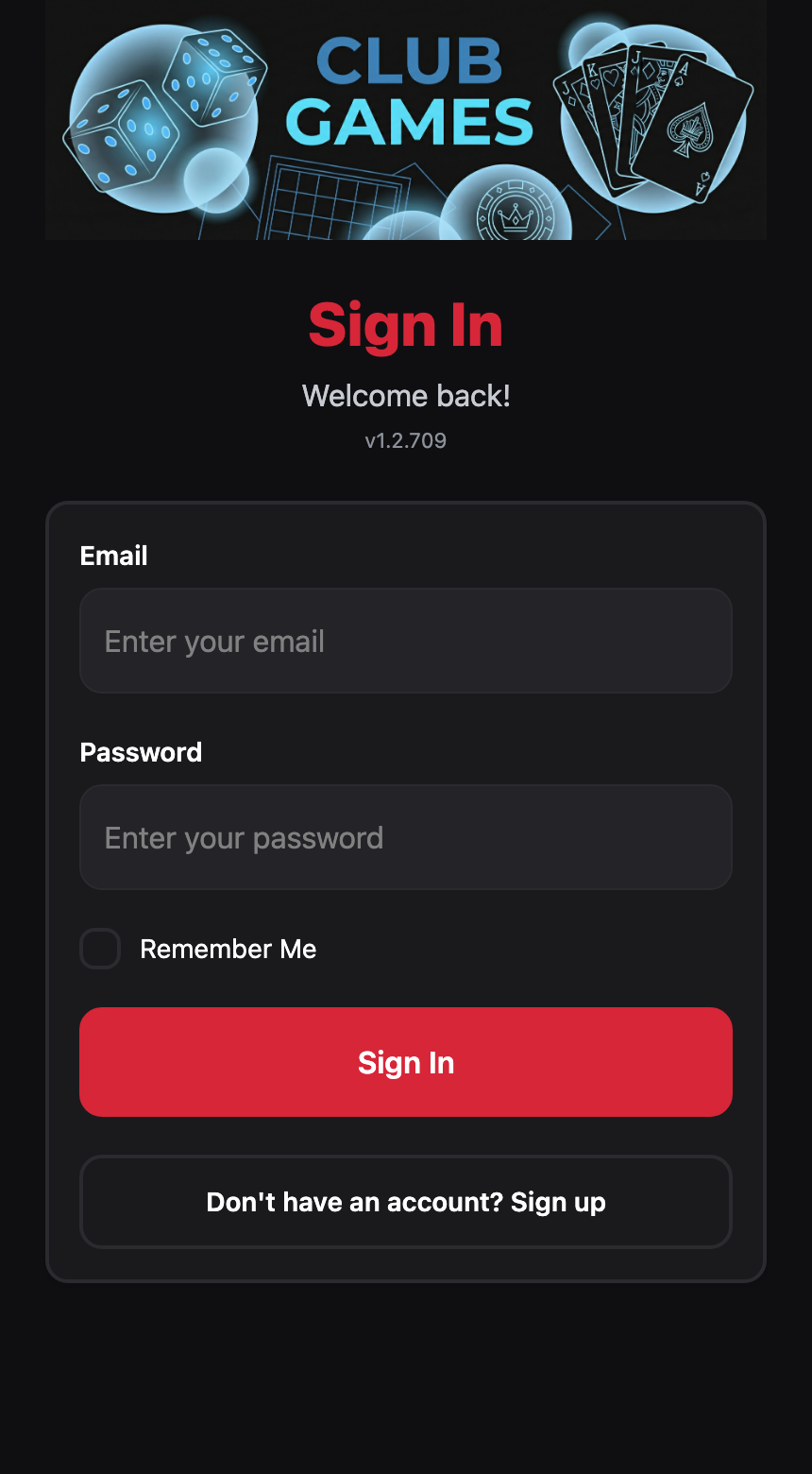 Club Games Sign in screen