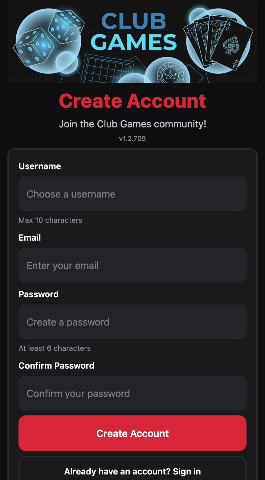 Club Games Create account screen